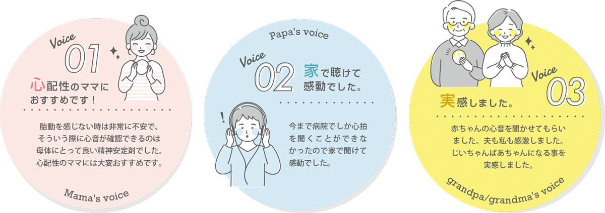 Voice01 流産を繰り返していたので、すごく精神的に落ち着きます。| Voice02 ちょっと高めですが安心を買う商品だと思います。 | Voice03 赤ちゃんの存在を感じられるのはとても嬉しいです。